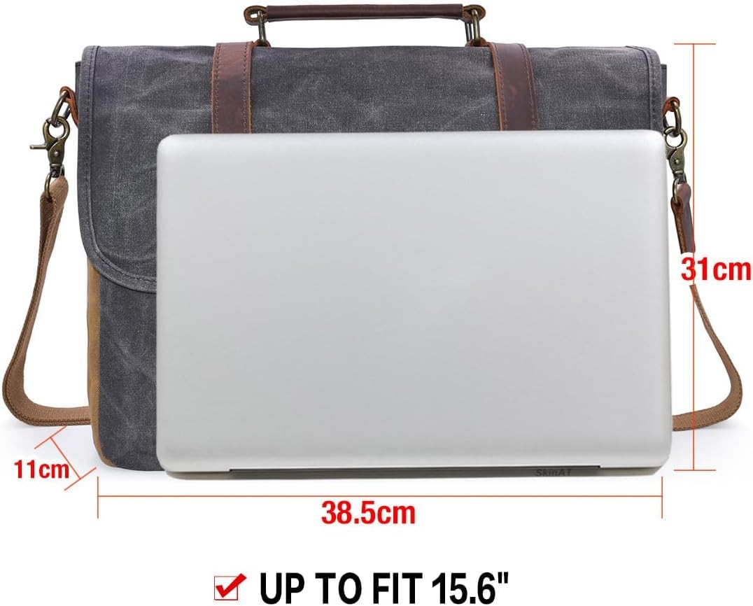 Men’s 15.6″ Waterproof Leather Canvas Laptop Messenger Bag Grey Satchel