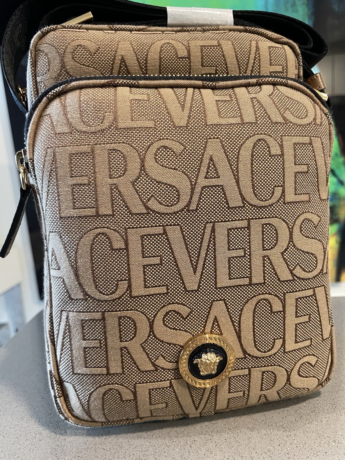 Versace Crossbody Canvas Fabric Allover Beige/brown $1200 Retail Authentic