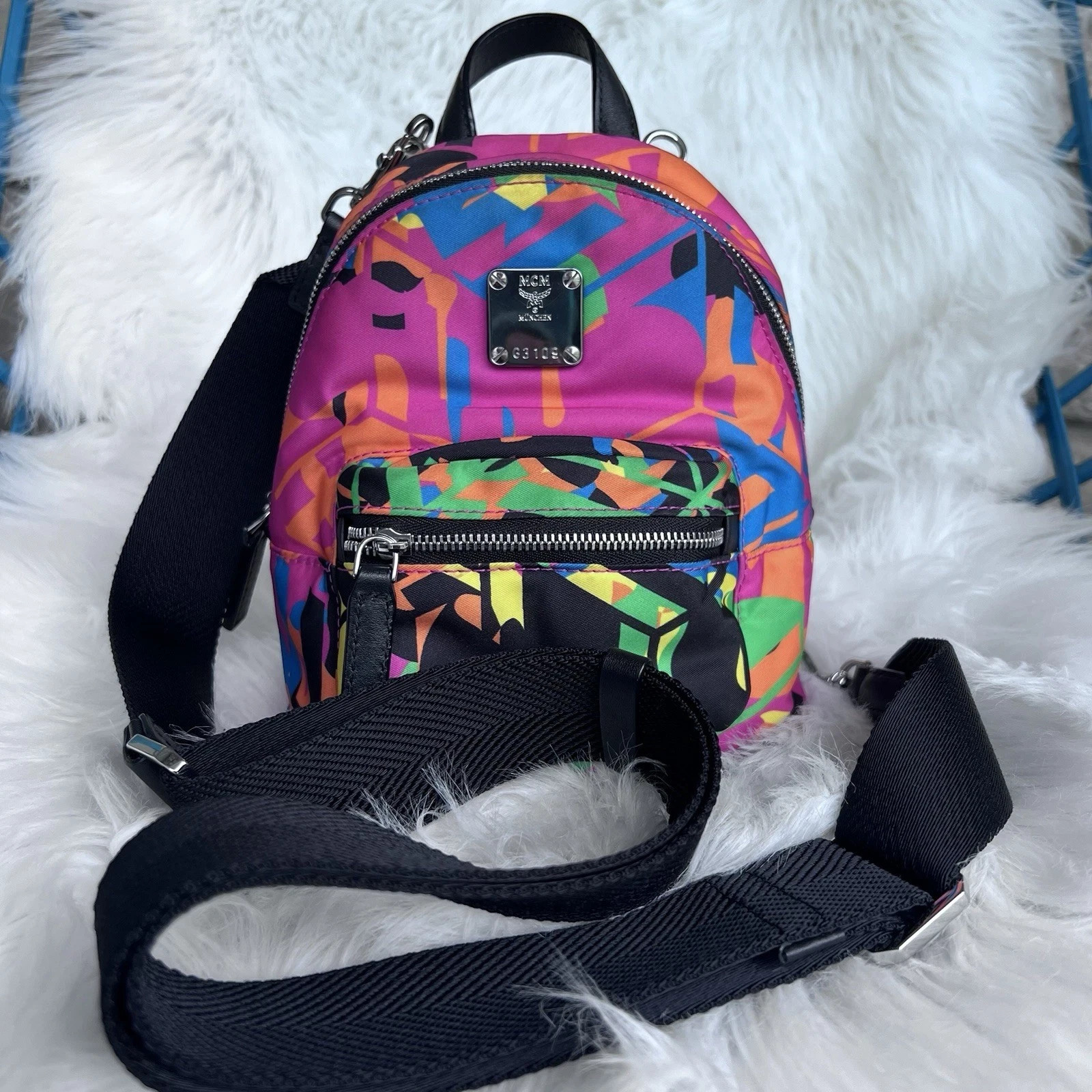 MCM Stark Crossbody Mini Bags Nylon Multicolor Multi Pocket Zip Closure $900