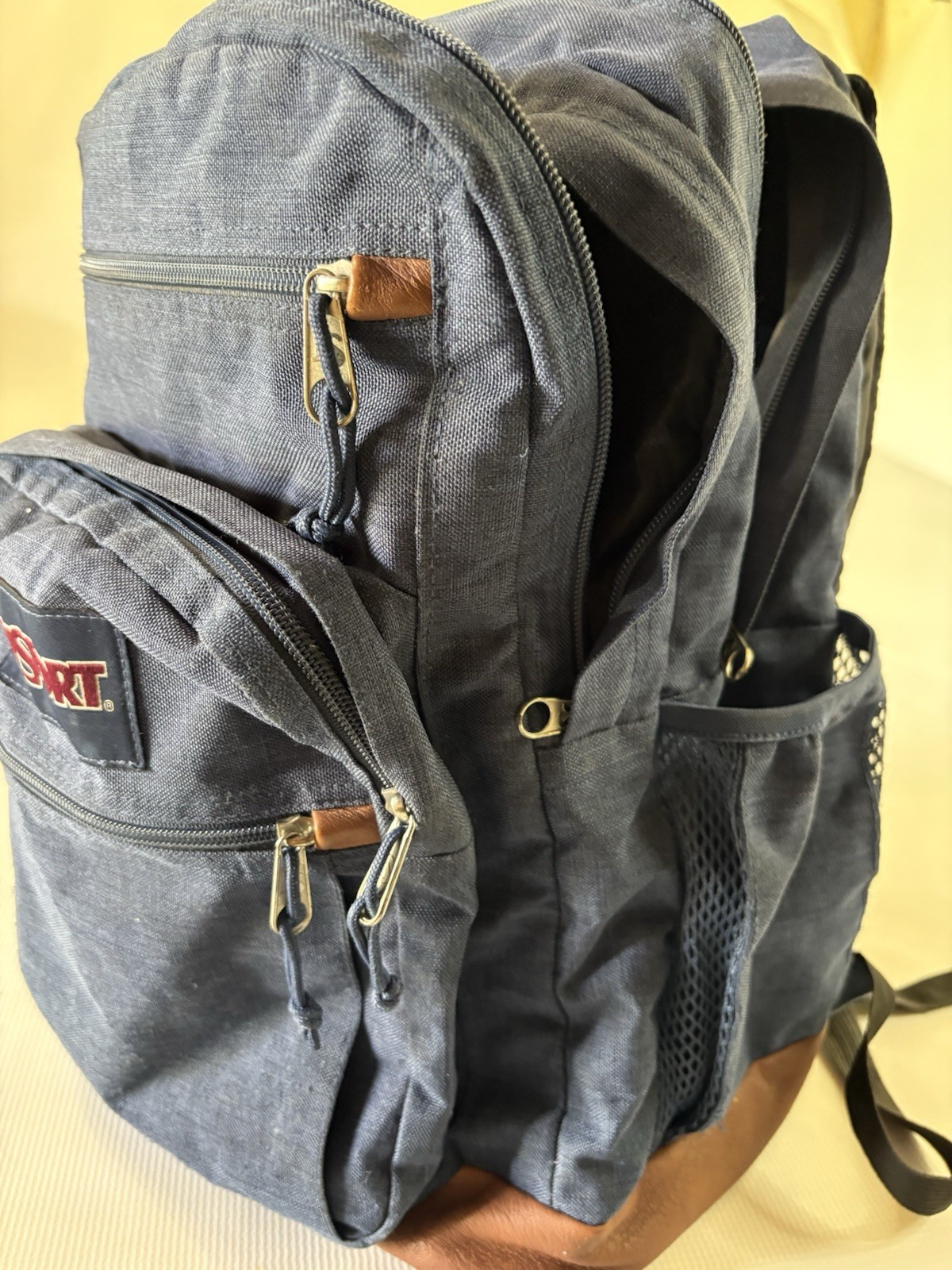 VTG JANSPORT Cool Student Blue Canvas Backpack Tan Faux Leather Laptop Pocket