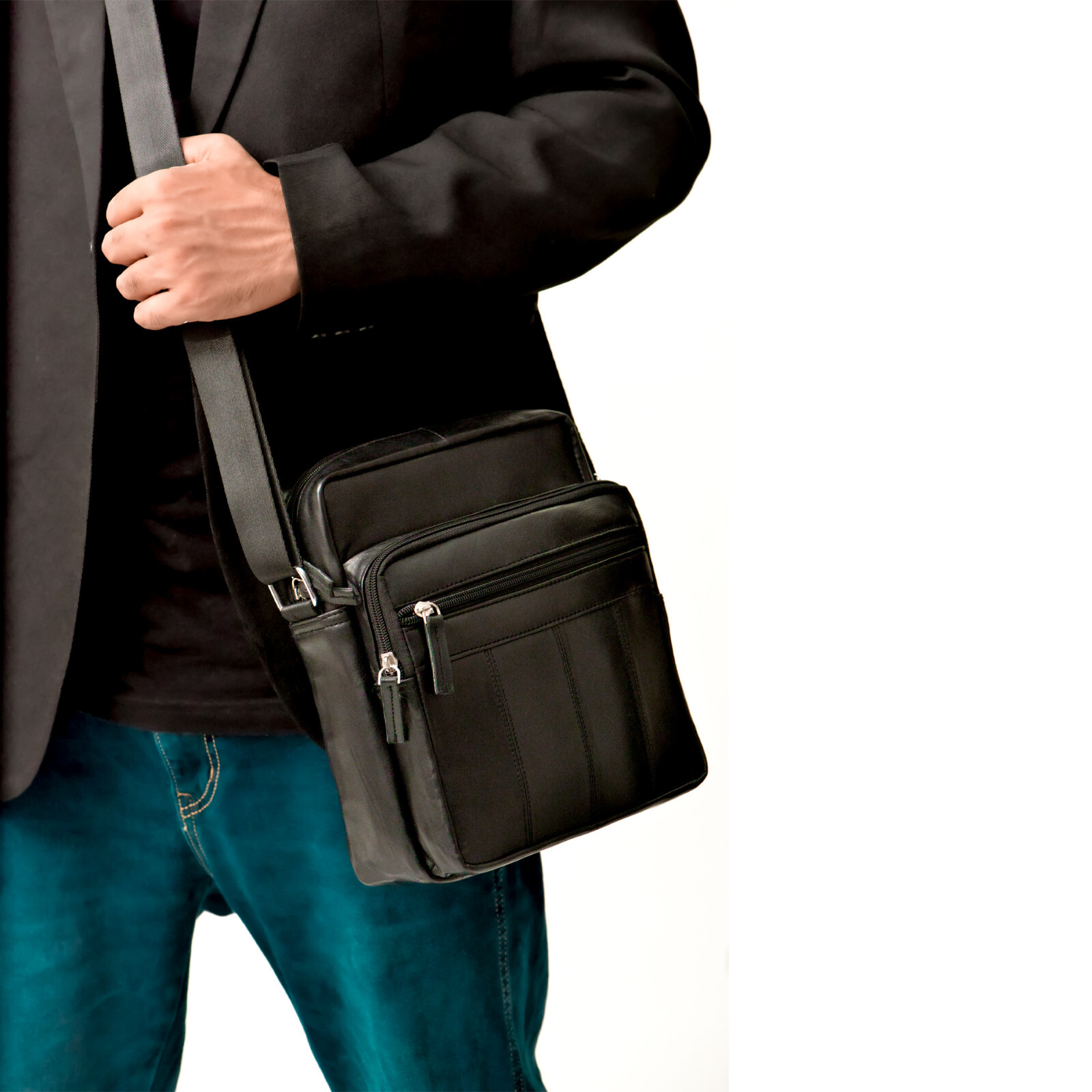 RAS Real Leather Handbag, Cross Body Shoulder Messenger Bag with 4 Zip Pocket