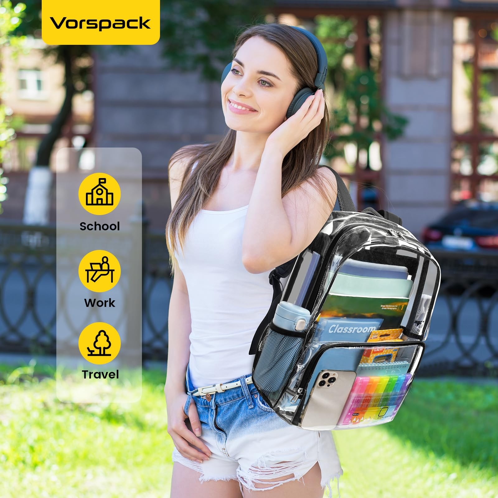 Large Black Clear Backpack Heavy Duty See Through Bookbag for School Work