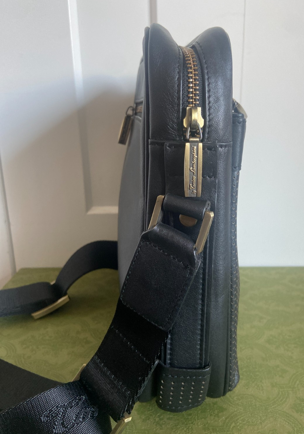by Tonino Lamborghini Perforated Leather Men’s Crossbody/Shoulder Bag – Black