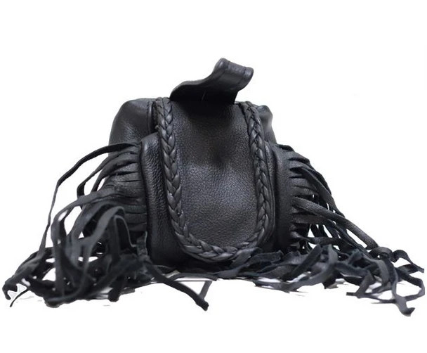 Black Leather Bag – Folding Pouch – Belt Bag – Fringe and Braid Unisex