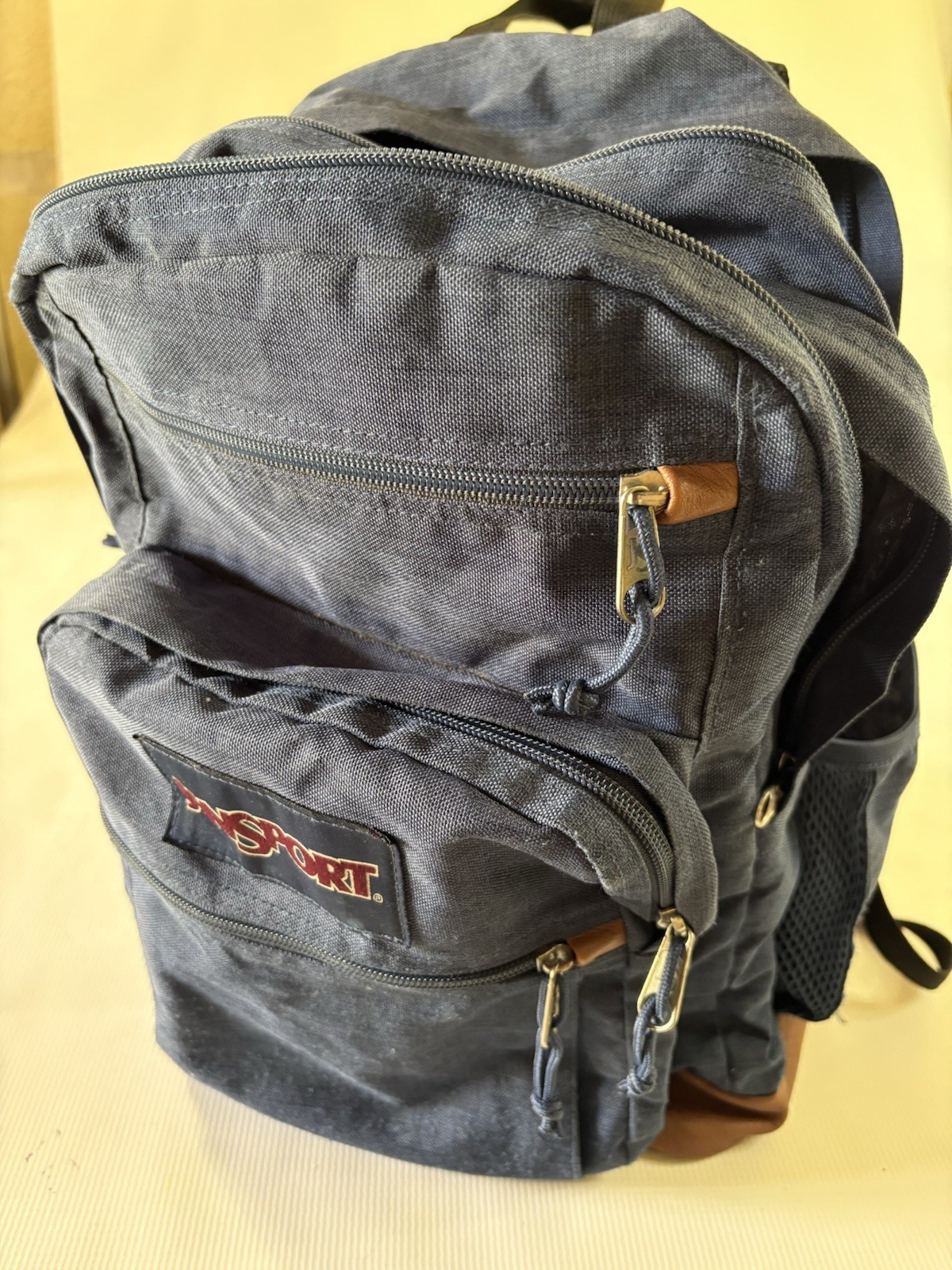 VTG JANSPORT Cool Student Blue Canvas Backpack Tan Faux Leather Laptop Pocket