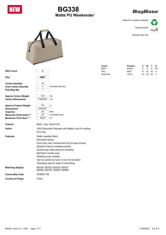 Bagbase Matte PU weekender