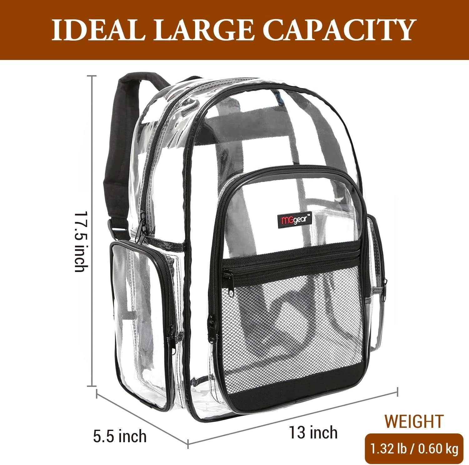17 Inch Clear PVC Backpack with Black Trim and 5 Zipper Compartments, Transparen