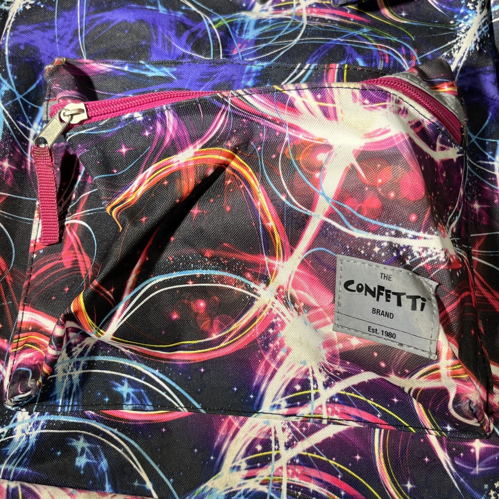 Confetti Brand Backpack School Book Bag Multi Color With Small Zip Bag READ