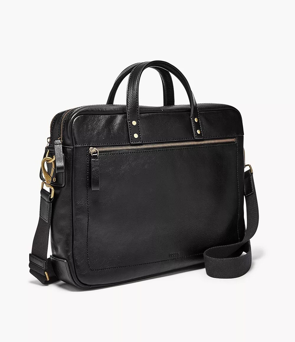 Fossil Men’s Haskell Double Zip Leather Workbag Briefcase Black 16 x 3 x 12.5