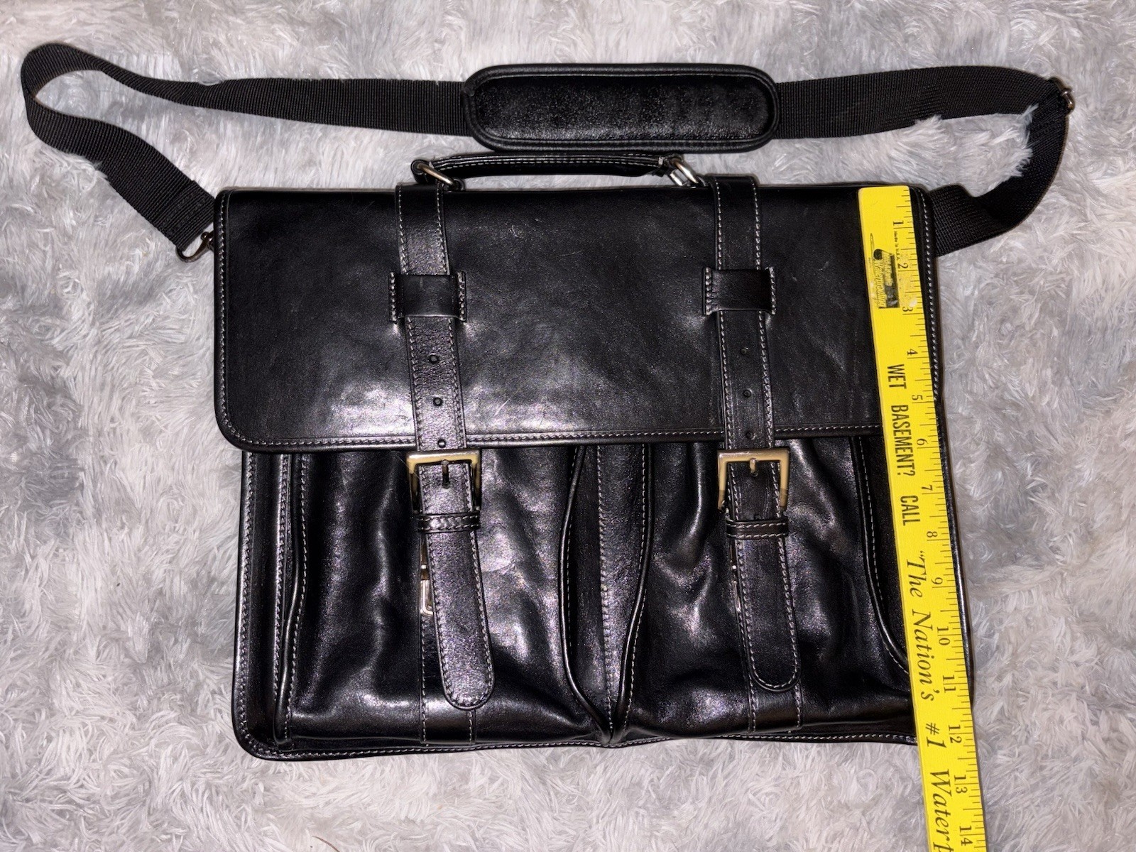 Floto Firenze Black Leather Buckle Strap Briefcase Messenger Bag Made In Italy