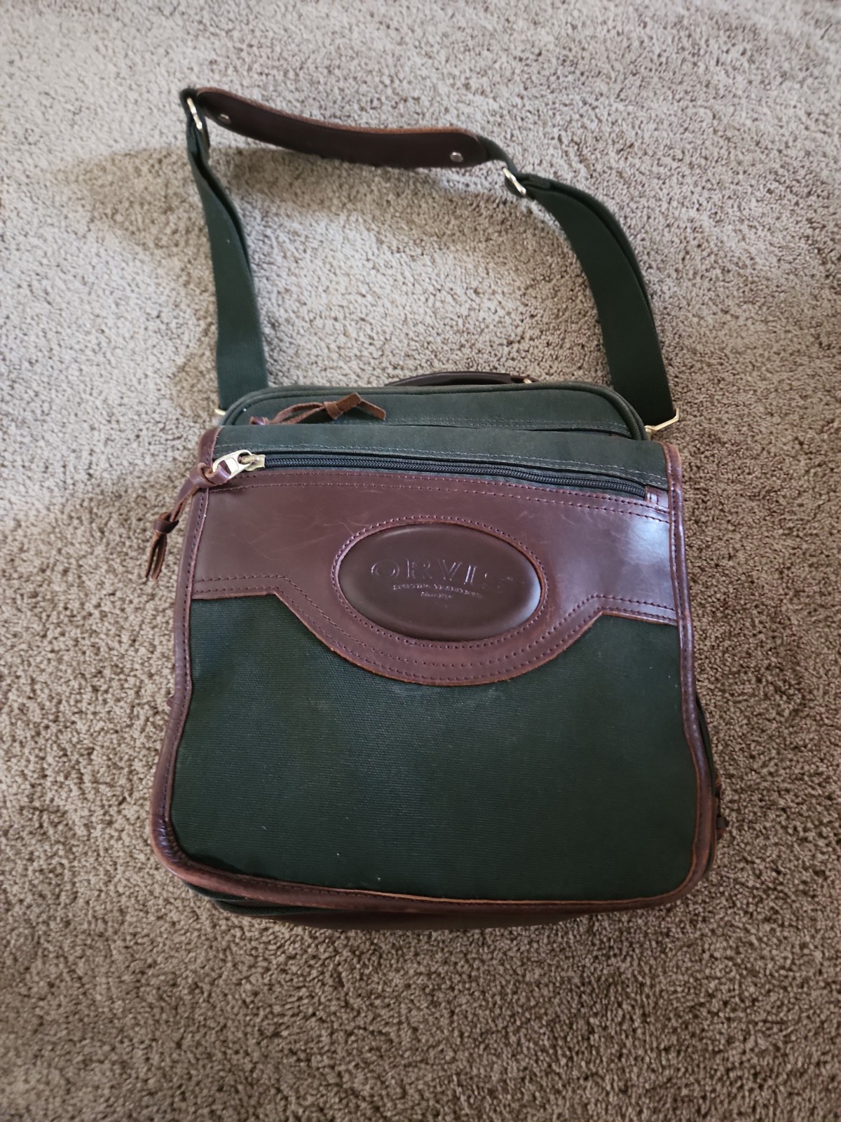 Vintage Orvis Canvas Leather Green Brown Travel Bag Messenger