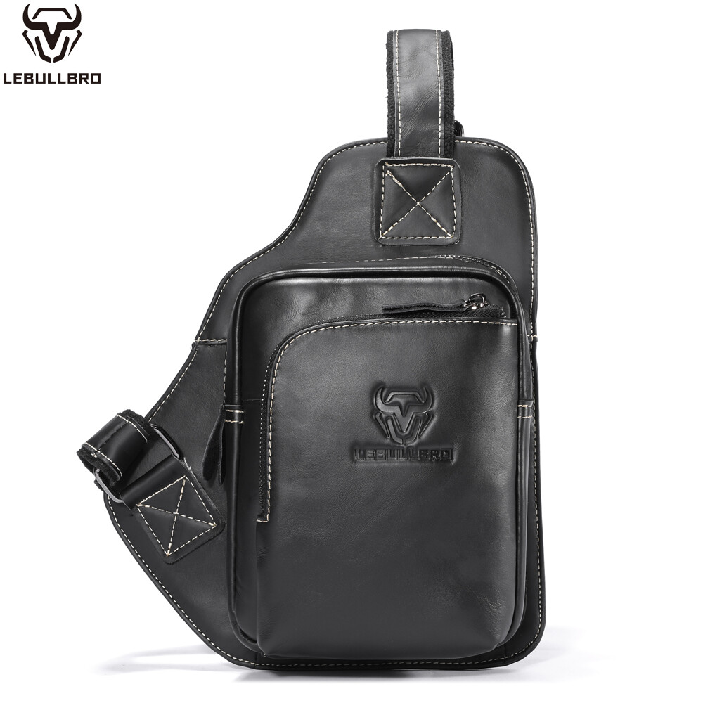Men’s Genuine Leather Chest Sling Bag Multi-pocket Crossbody Shoulder Daypack