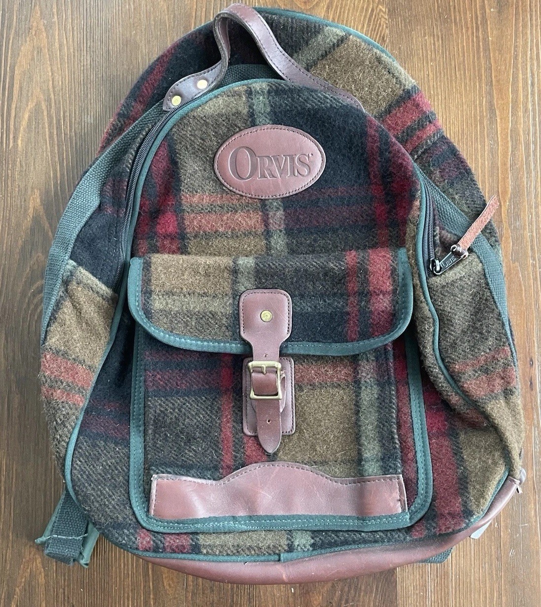 Vintage Orvis Backpack Plaid / Multicolor Brown Leather Made In USA Euc Rare 90s