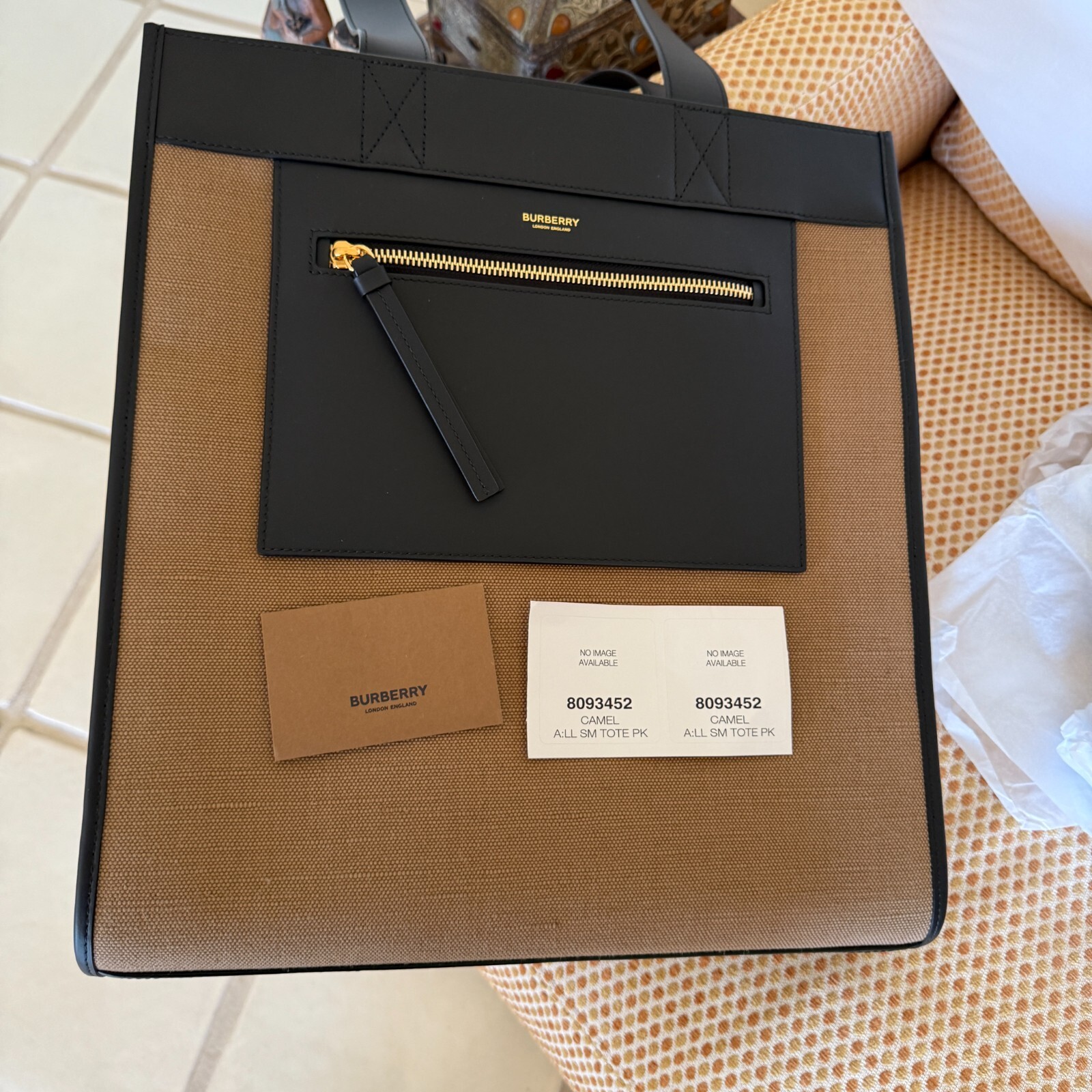 Burberry Camel Fabric and Black leather Medium Tote Bag, 8093452
