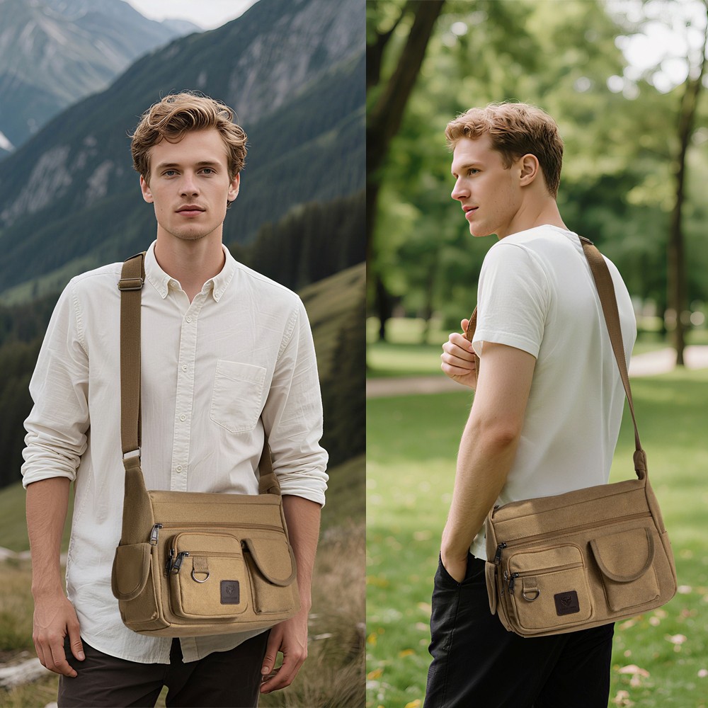Men’s Heavy Duty Canvas Shoulder Bag Multi Pocket Crossbody Bag for Daily Work