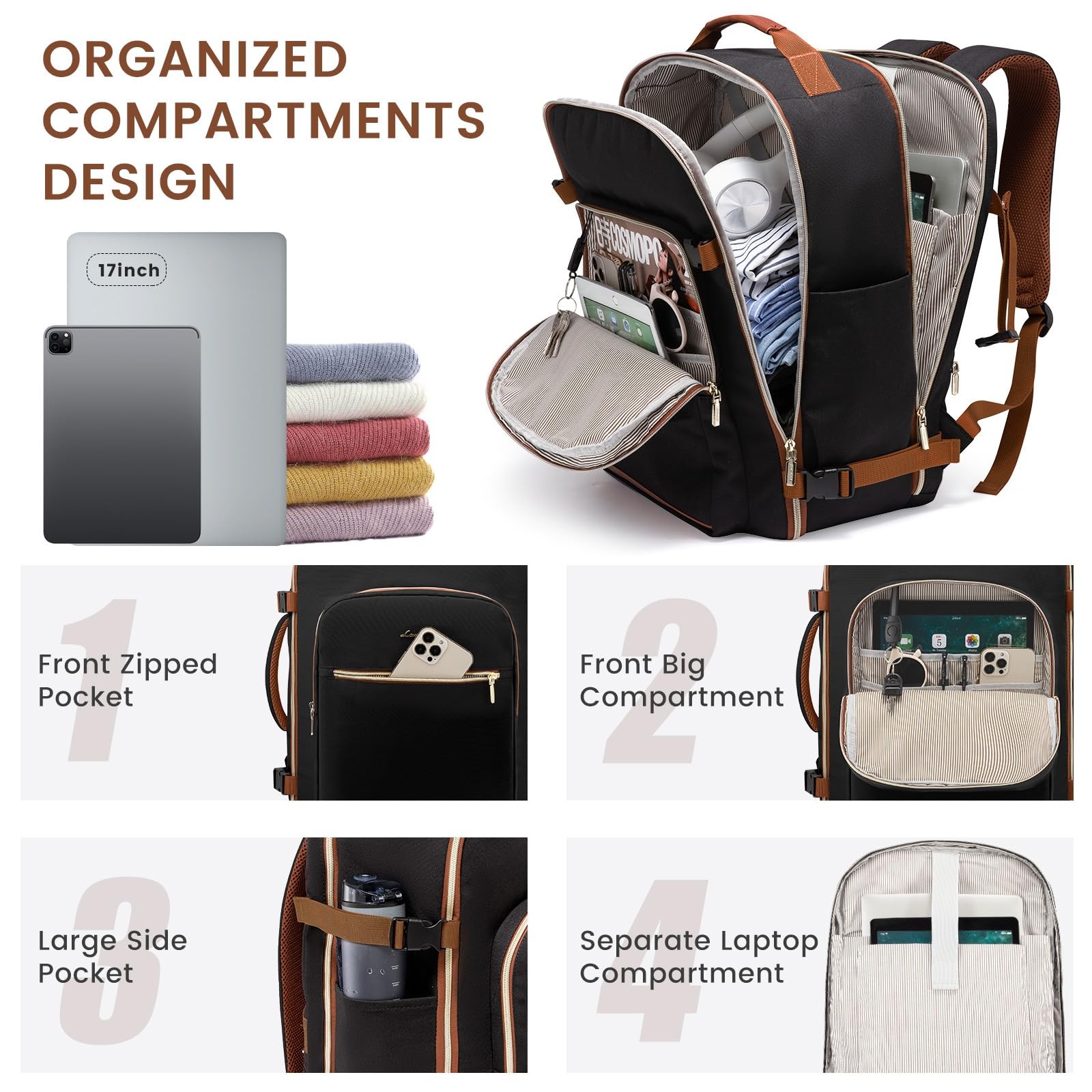 LOVEVOOK 40L Travel Backpack 17 Inch Carry On Airline Approved Black~Brown