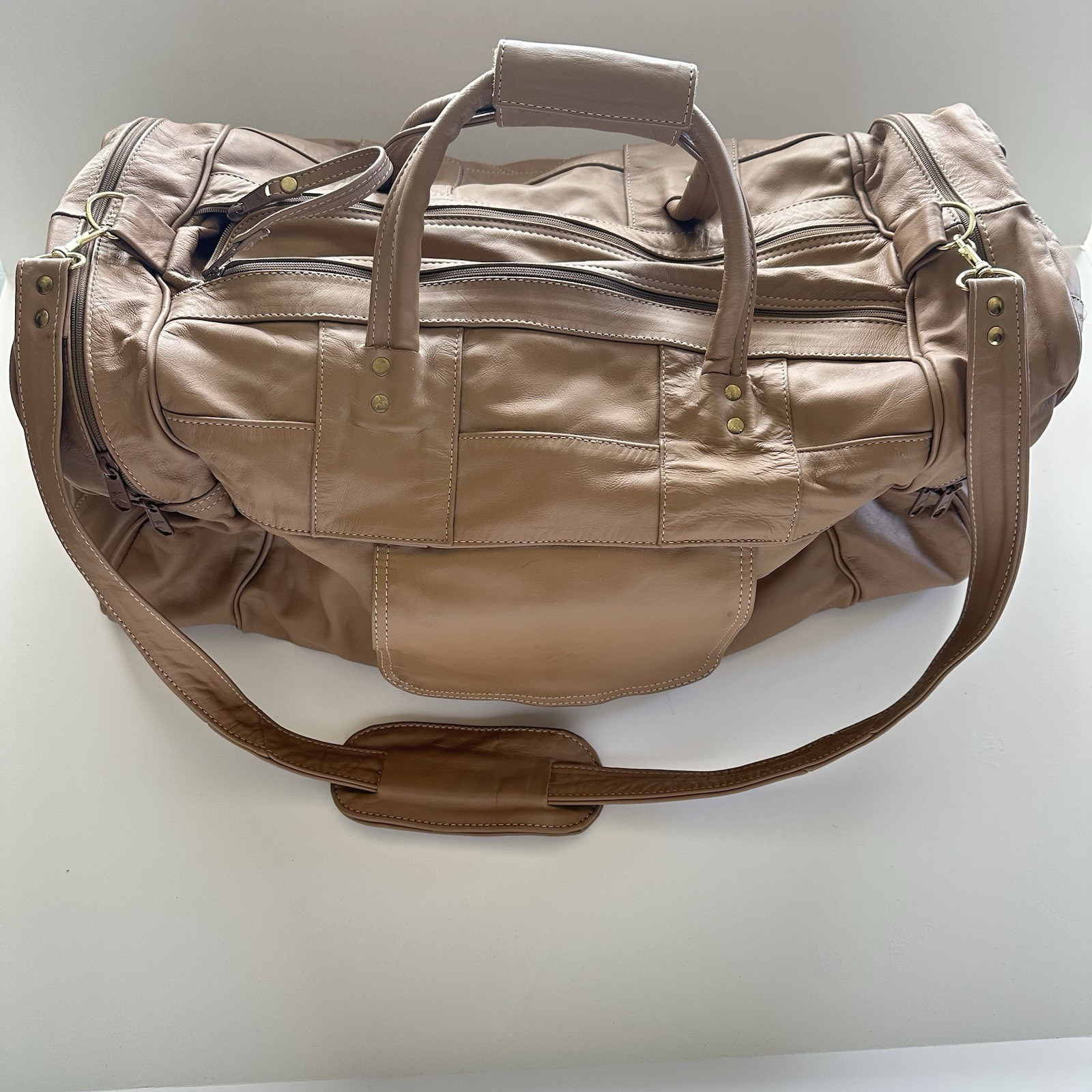 Handmade Mexico Vintage Carroll Top Grain Tan Leather Duffel Bag 22”x10”x12”