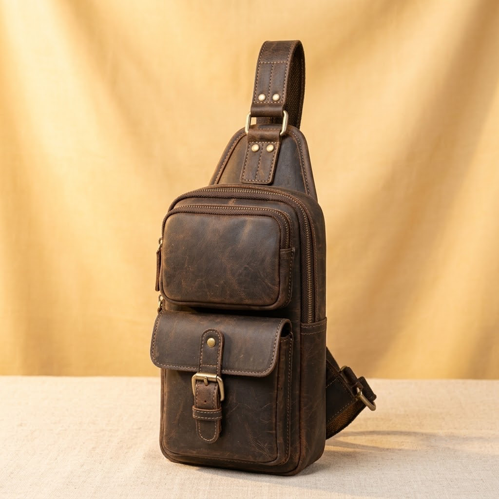 Genuine Leather Sling Bag Men Vintage Crossbody Shoulder Travel Chest Bag