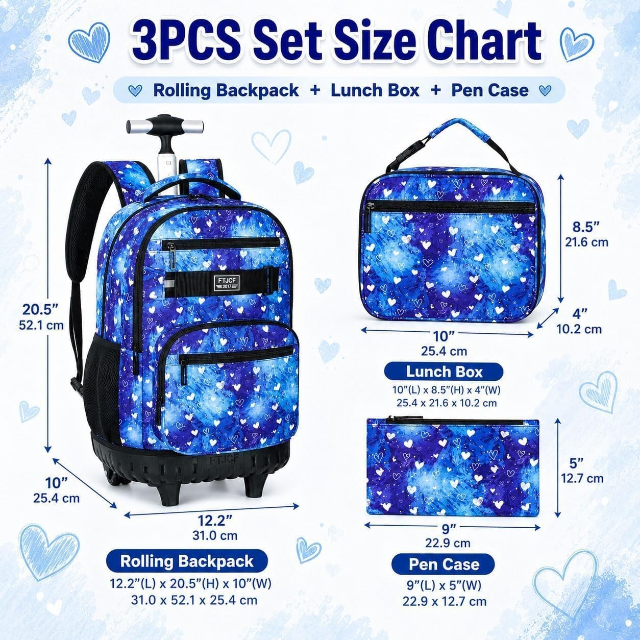 Rolling Backpack 19″ X 13″ X 8″ for Girls – 3-in-1 with Lunch Box & Pencil Bag