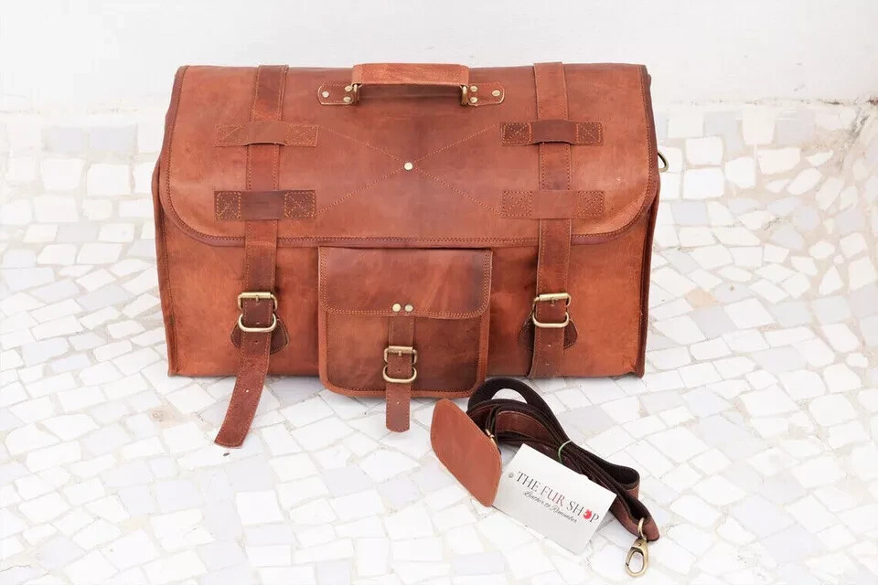 Men’s Spacious Weekender Leather Travel Luggage Gym Genuine Duffel Bag 28″