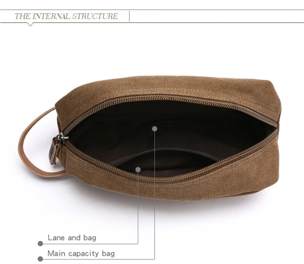Mens Toiletry Bag Zipper Leather&Canvas Case Organizer Portable Travel Dopp Kit