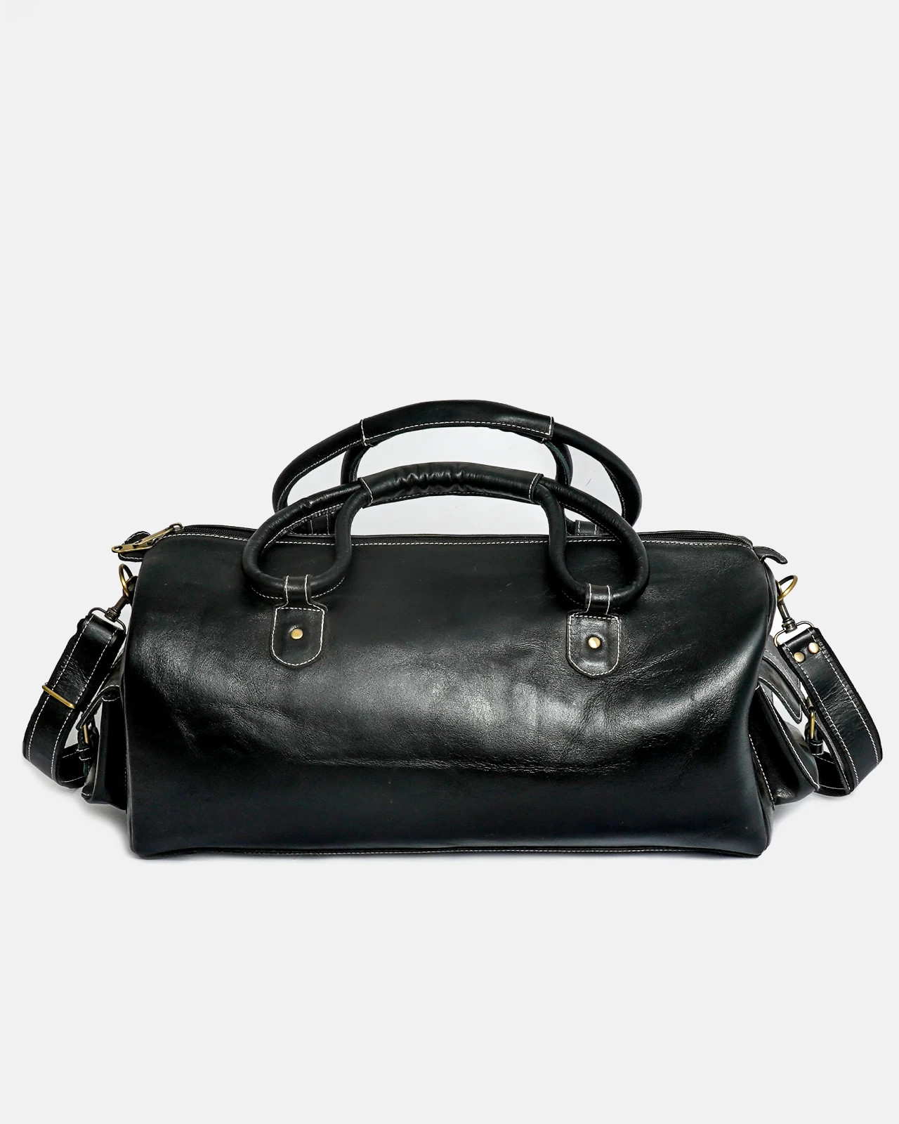 Handmade Black Full Grain Leather Duffle Bag Weekend Travel Brass Hardware