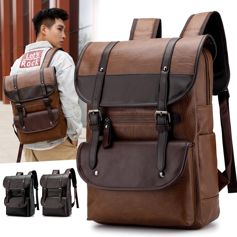 Waterproof backpack student computer bag, PU Leather, Men Women, Black, Brown, K