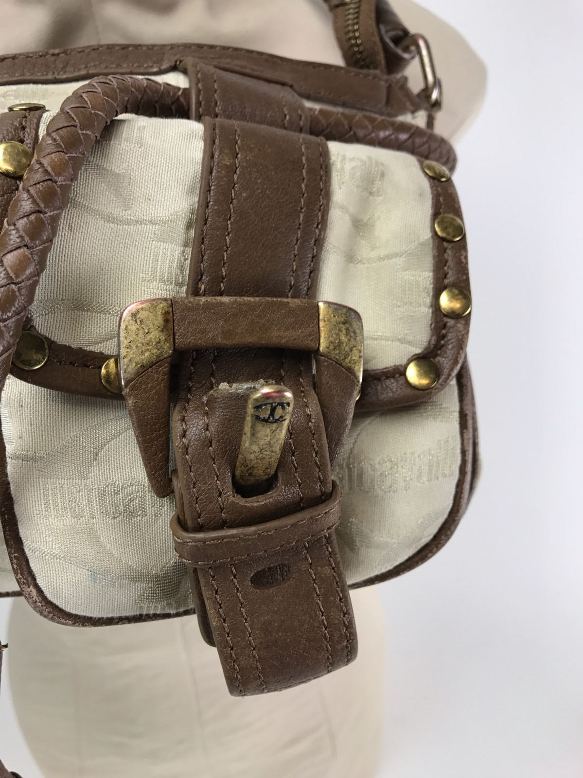 Roberto Cavalli Just Cavalli leather and canvas tote bag buckle bag Fast Ship
