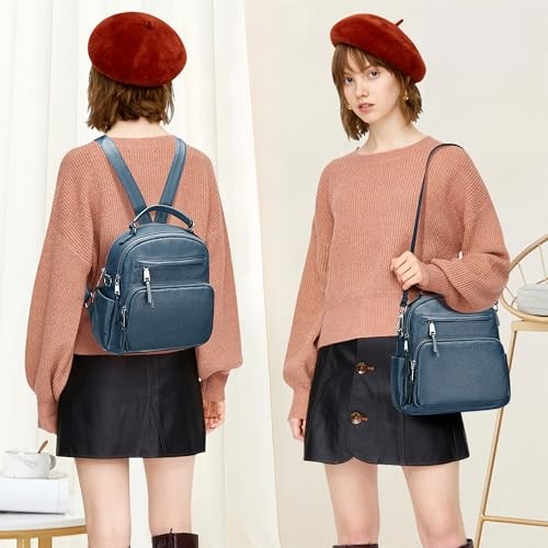 Genuine Leather Backpack for Women Small Convertible Backpack Purse Linen Blue