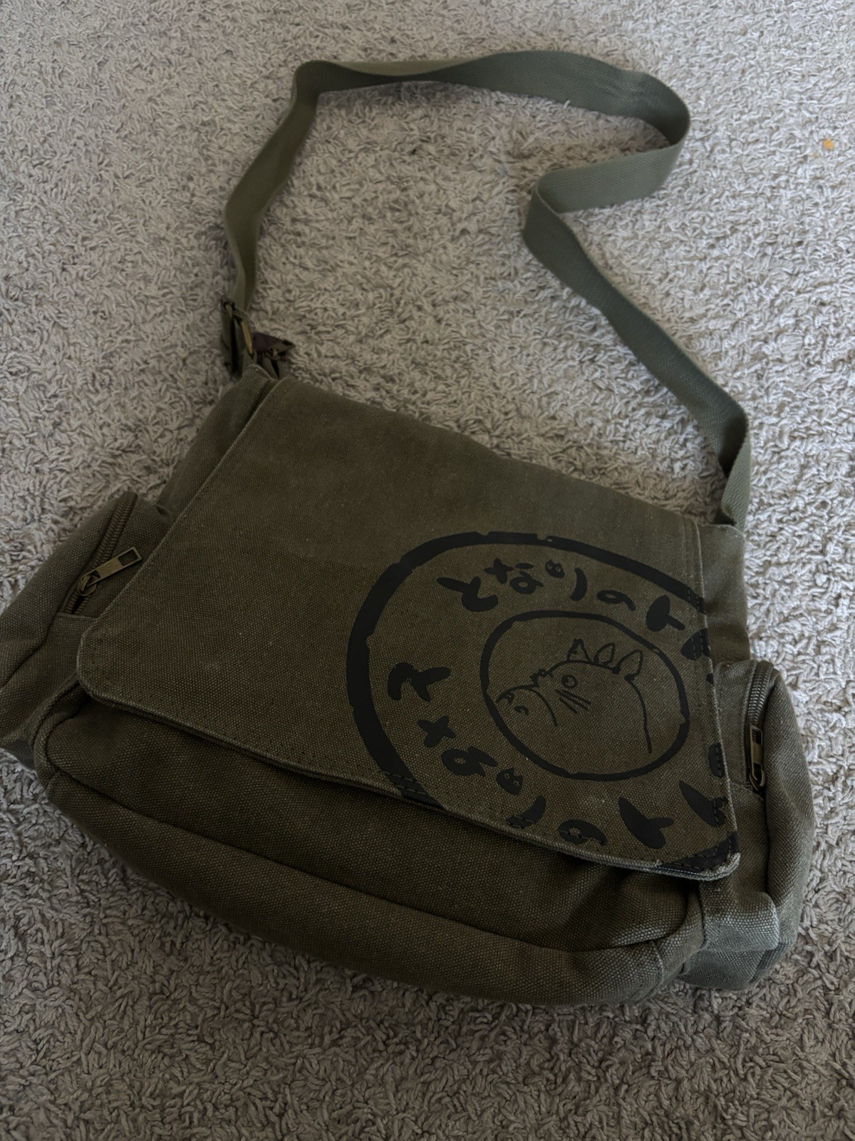 Green Totoro Graphic Print Messenger Bag Shoulder Strap Adjustable Strap Zip