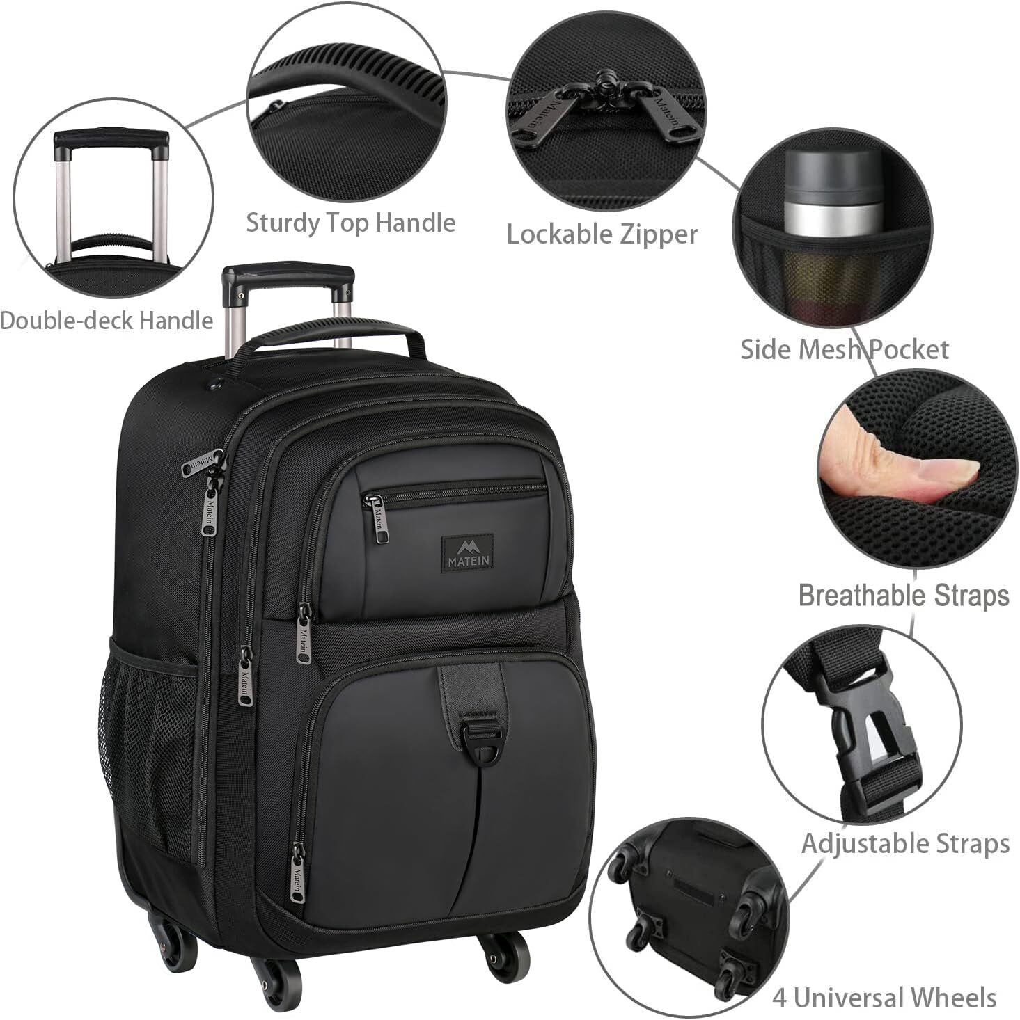 Rolling Backpack for Travel 4 Wheels Laptop Backpack for Women Men Water