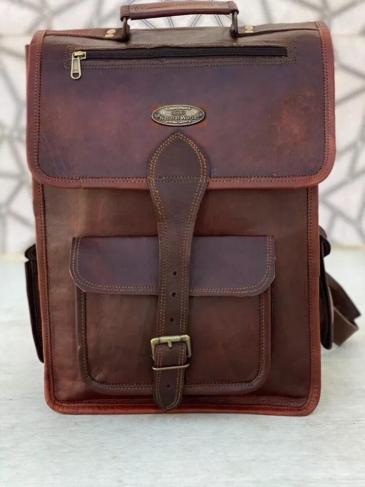 Leather Backpack Vintage Rucksack Laptop Genuine Men’s Travel (16X12 inch Brown)