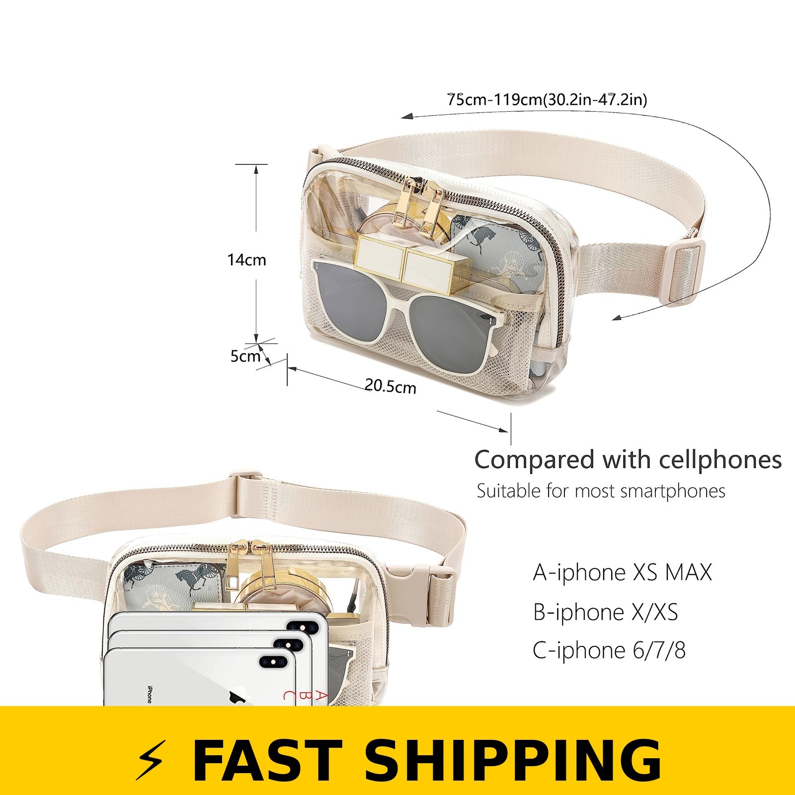 FEIBOON Stadium Approved Clear Waist Bag – Adjustable Strap, Beige