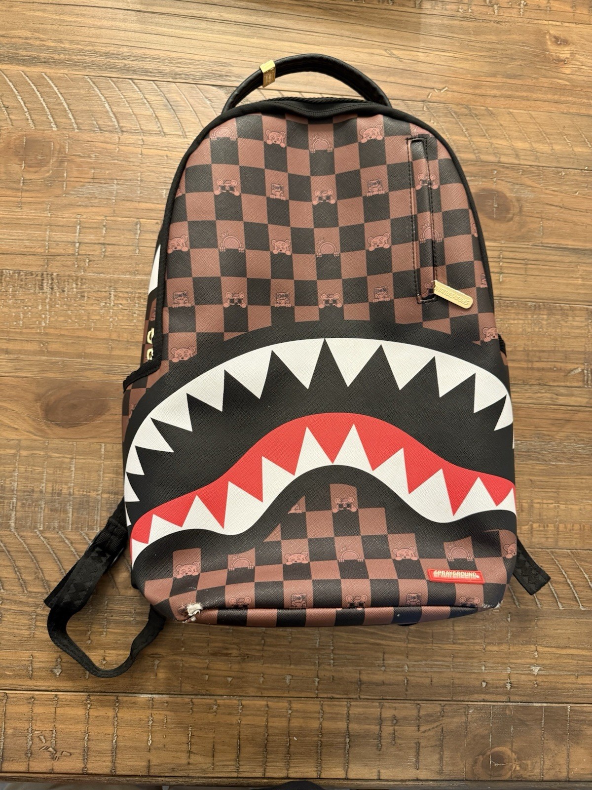 Sprayground Peeking Character Check Shark Mouth Backpack Brown Black Red Inside