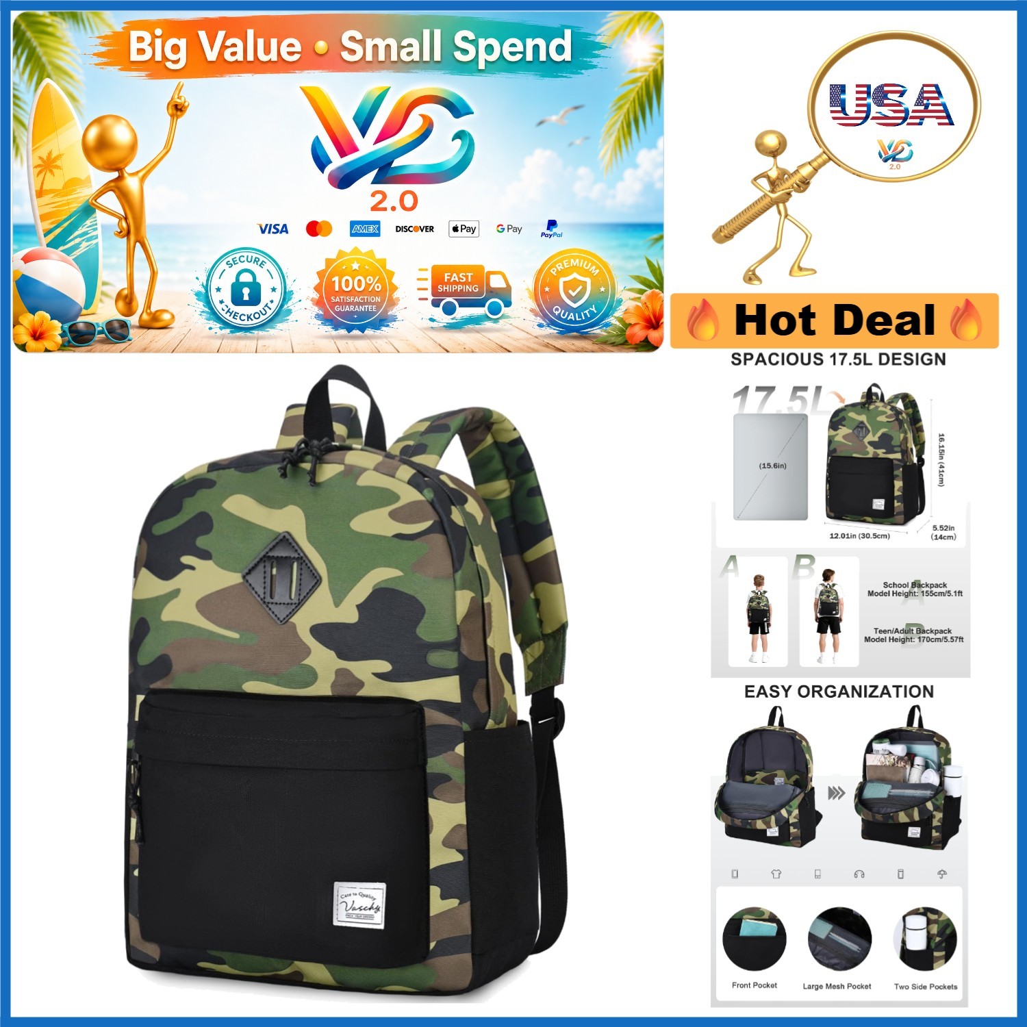 Lightweight Water Resistant Backpack for Men Camo Black Daypack Travel