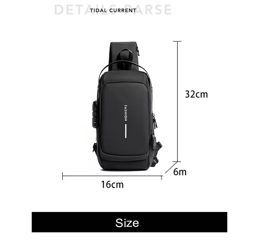 Men’s Sling Bag Waterproof Crossbody Backpack USB Anti Theft Chest Bag Black