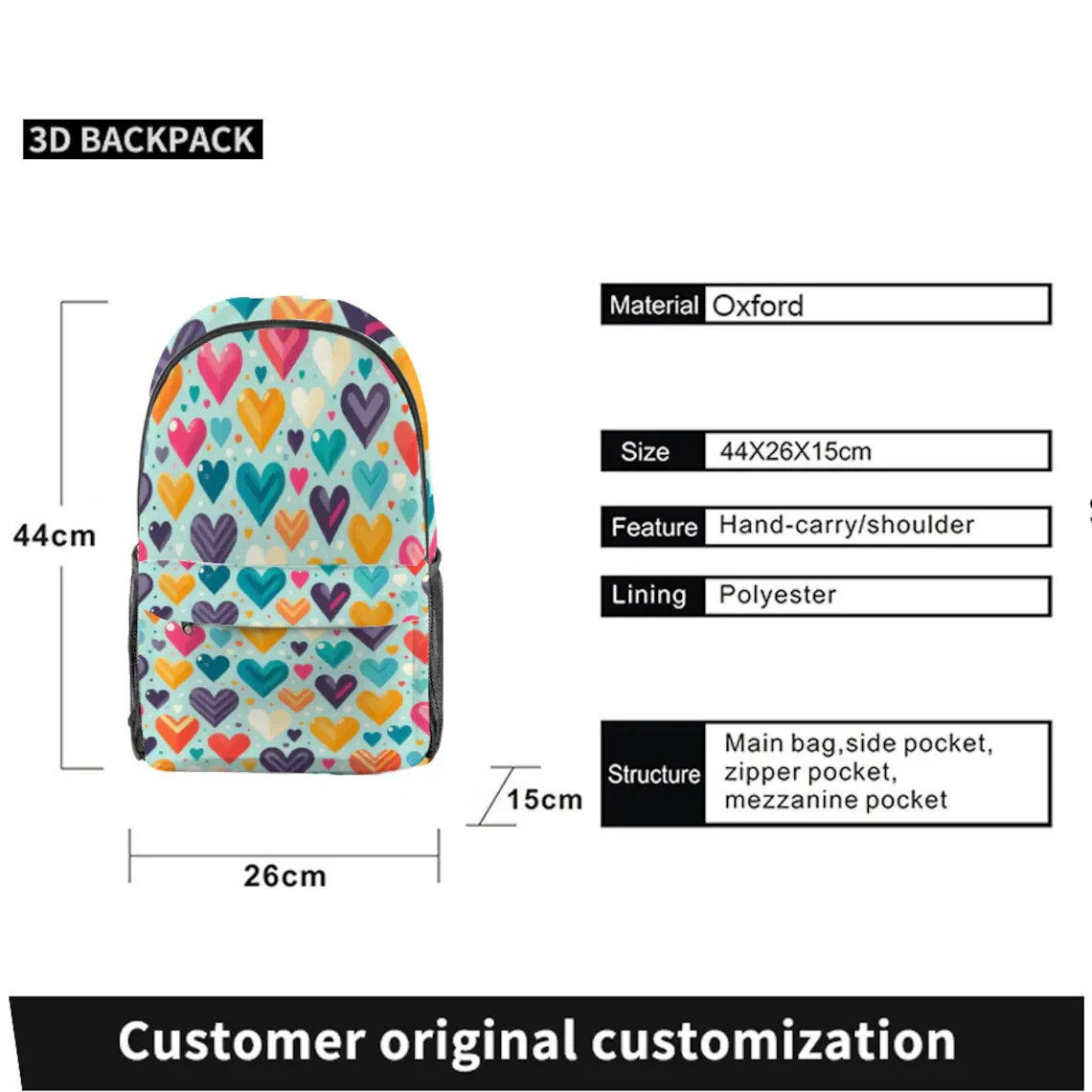 Light Blue Various Color Heart Pattern (AOP) Travel Backpack 17.3″ x 10.2″ x 5.9