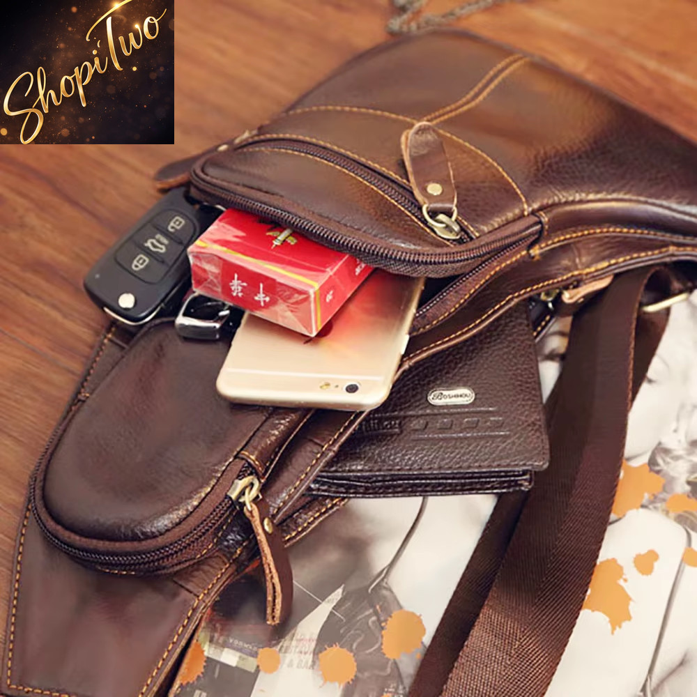 New Men Genuine Leather Cowhide Leather Vintage Sling Single Chest Back Tag