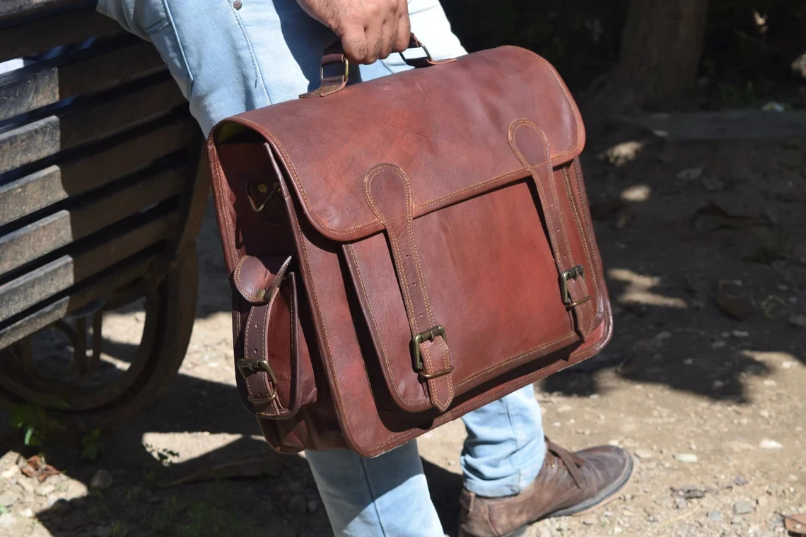 Men’s Genuine Leather Laptop Messenger Bag – Handmade Vintage Briefcase Satchel