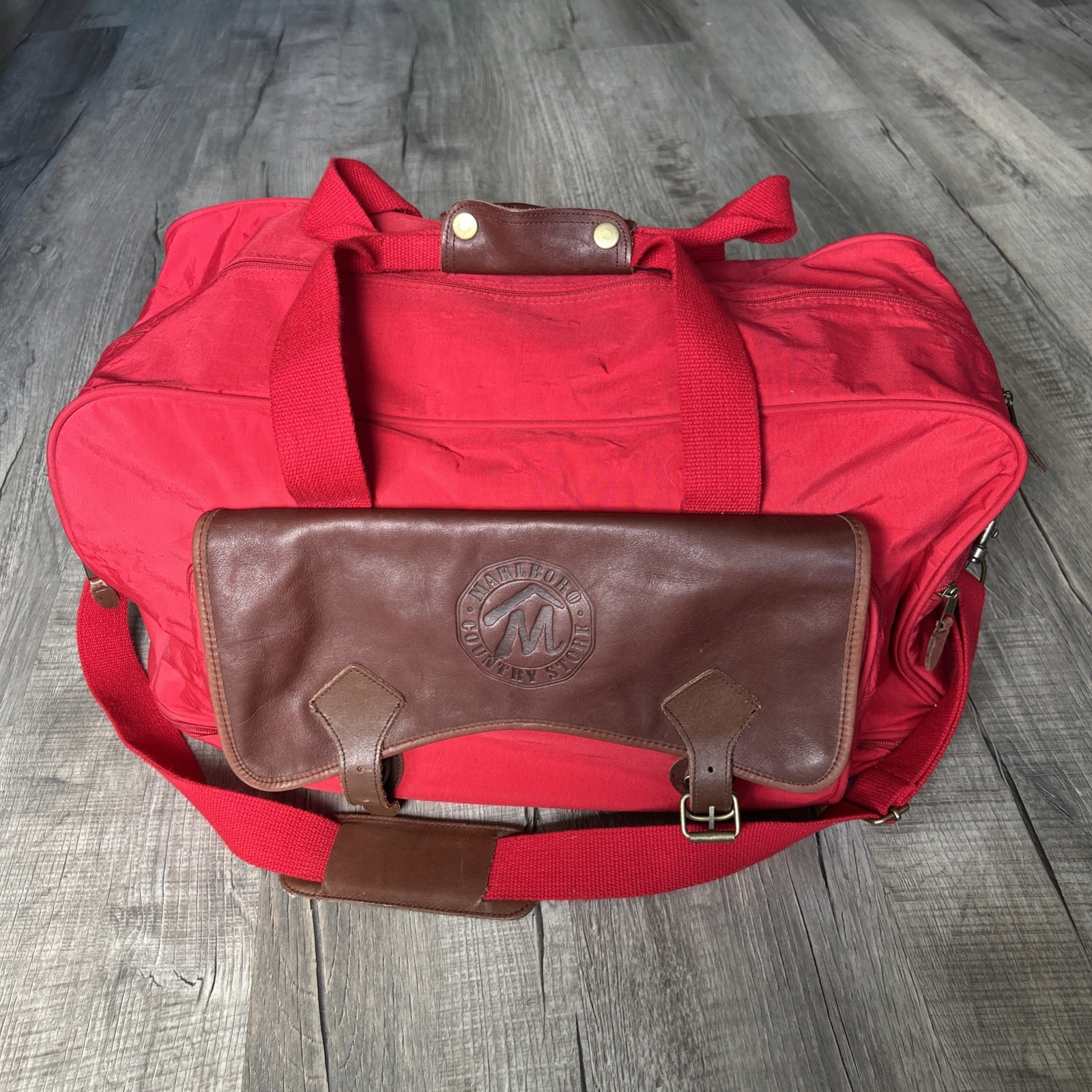 VTG 1990s Marlboro Country Store Plaid Lined Red Duffle Bag Lots Of Pockets