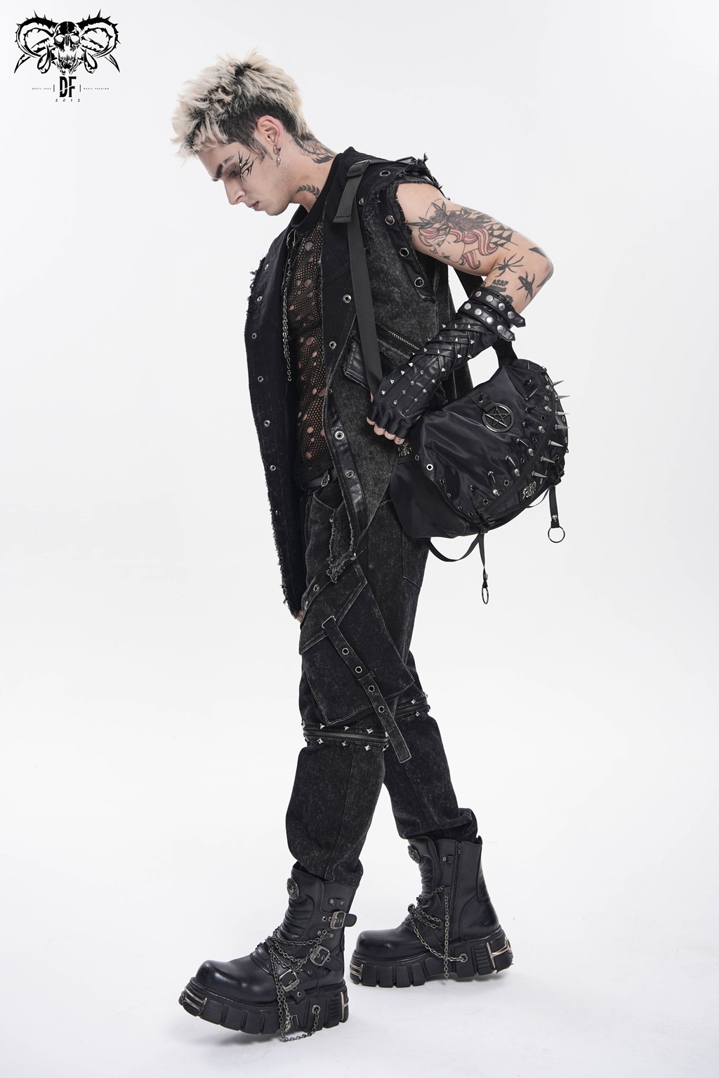 Devil Fashion Men Black Gothic Punk Skull Stud Spiked Shoulder Bag Messenger Bag