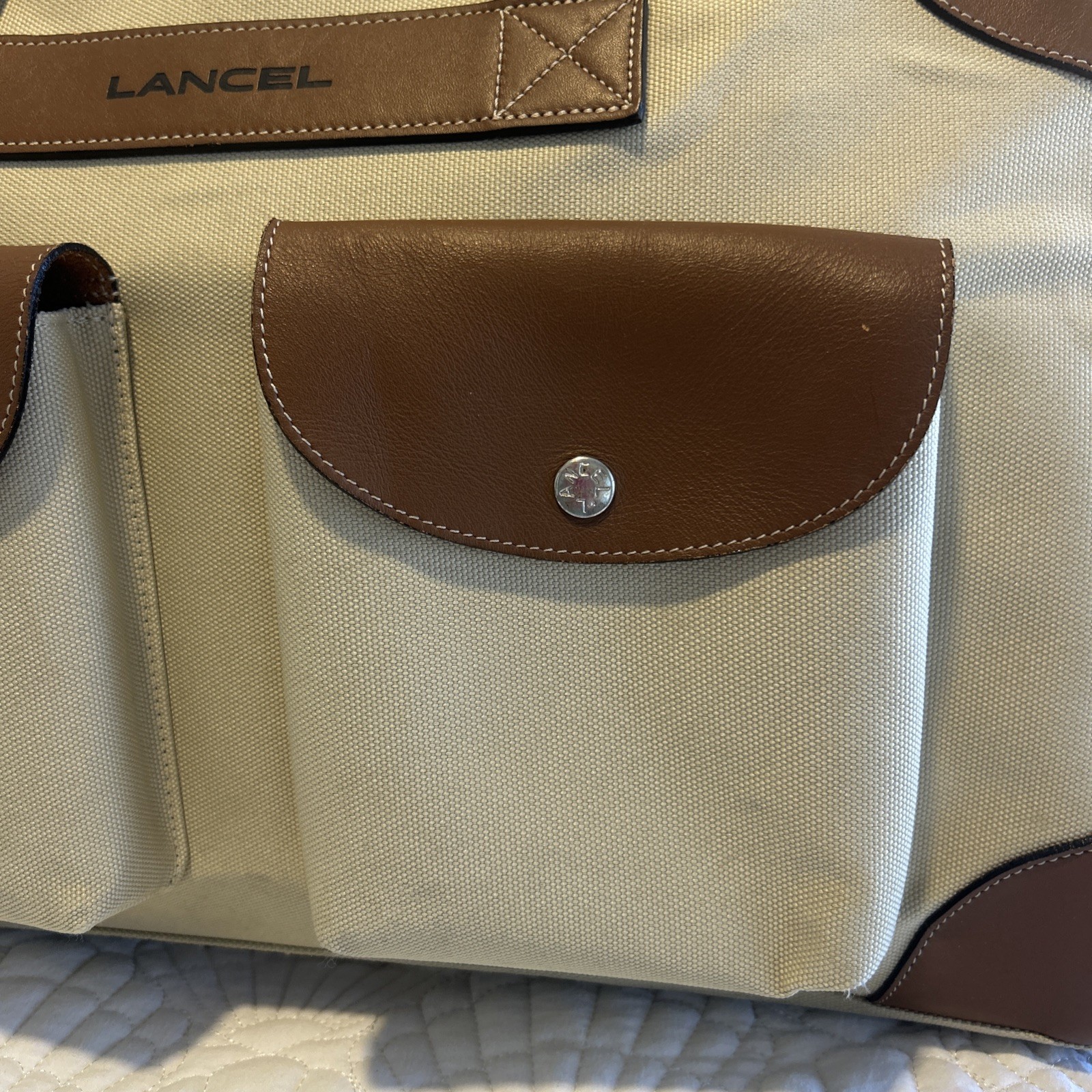 Lancel Paris Canvas Leather Weekend Carry-on Duffel Brown Tan Beige Luggage Exc