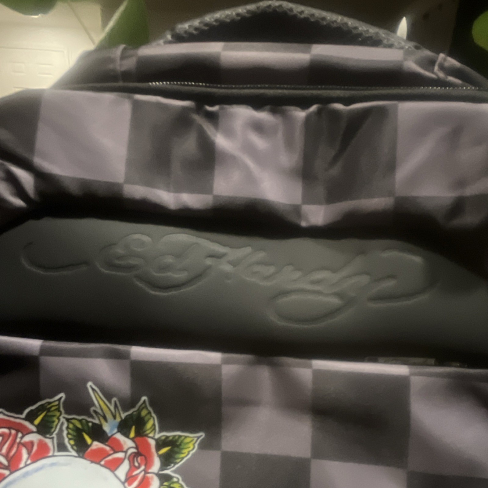 Ed Hardy Gray/Black Checkered Skull & Tiger Graphic Zip Backpack Padded Pockets
