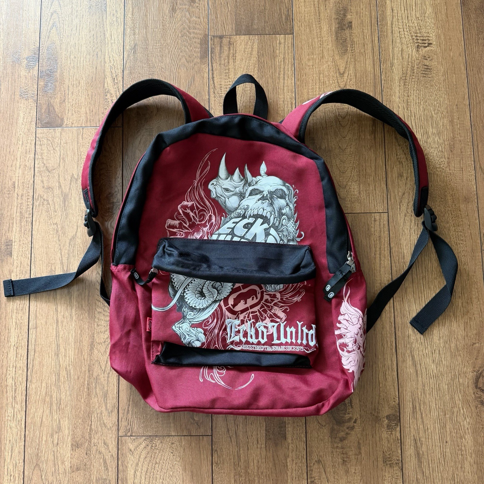 Y2K Rare Ecko Unltd. Unisex Grungy Embroidered Logo Red Rhino Skull Backpack
