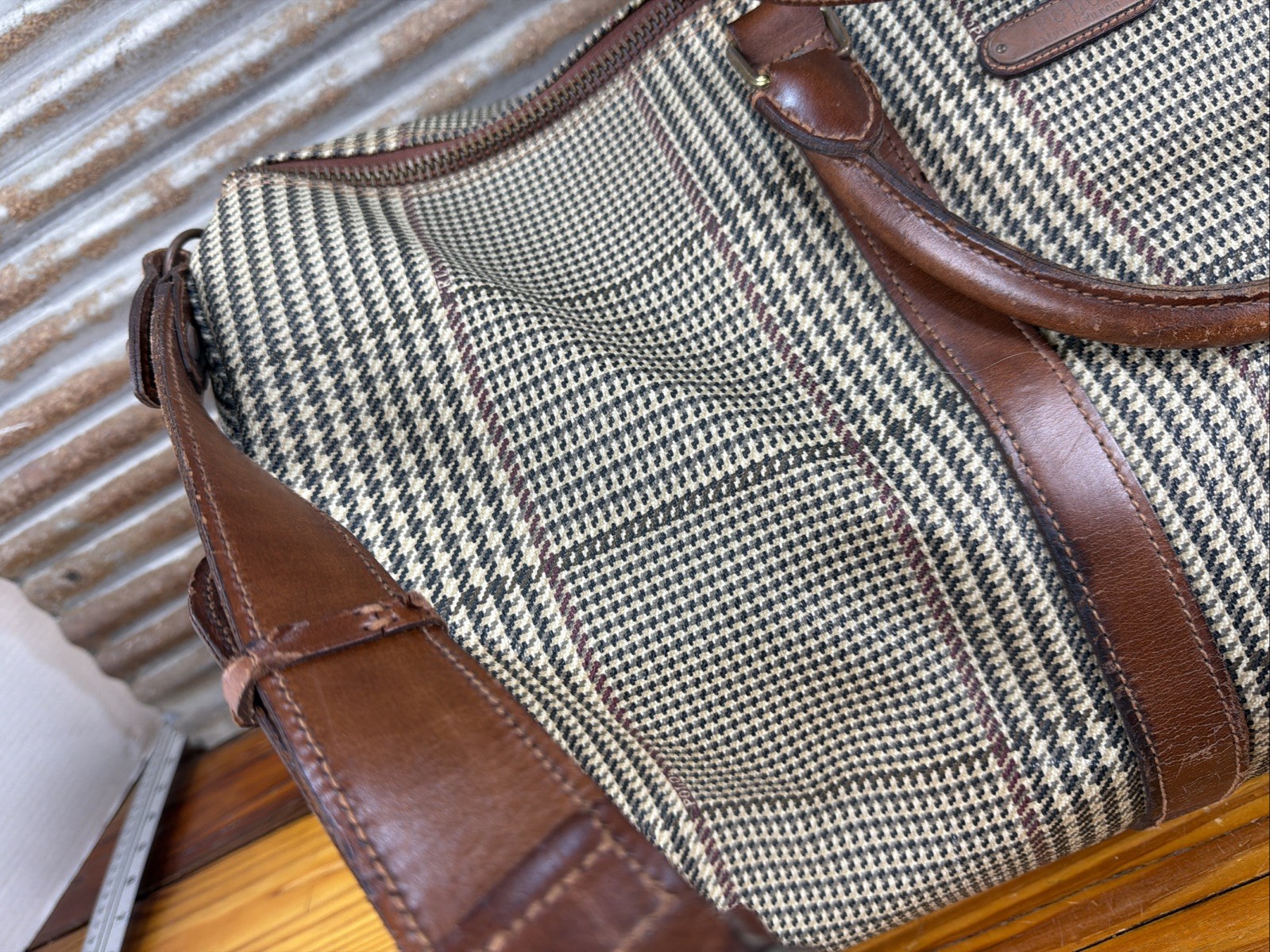 Polo Ralph Lauren Houndstooth Duffel Weekender Travel Bag Vintage Leather/Canvas
