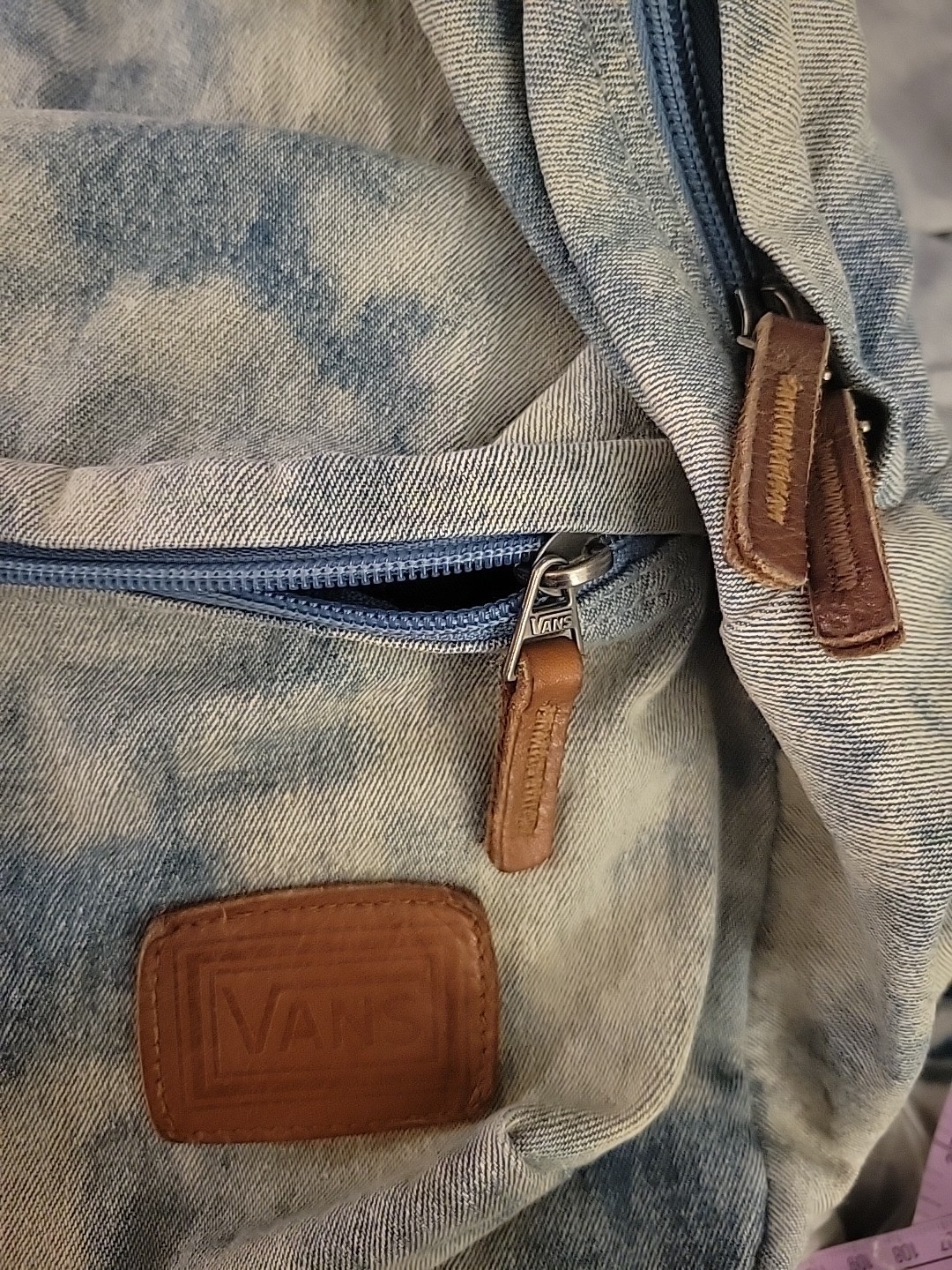 Vans Off The Wall Denim Tie Dye Wash Blue Jean School Backpack Leather Patch