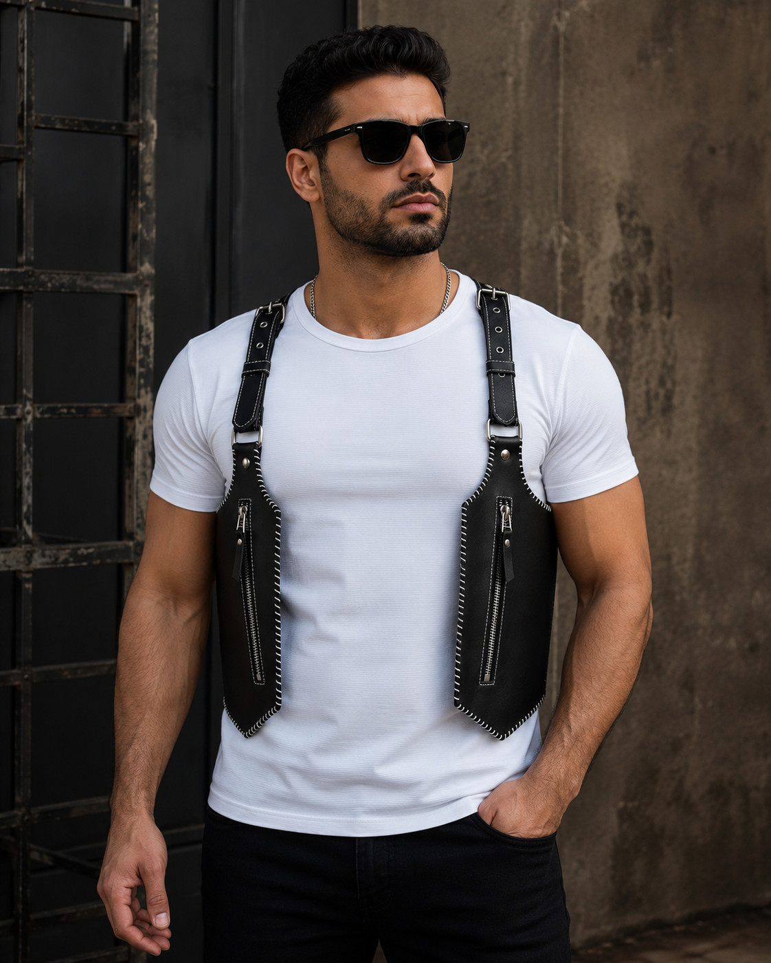 Genuine Leather Chest Harness Bag Adjustable Crossbody Utility Festival Vest