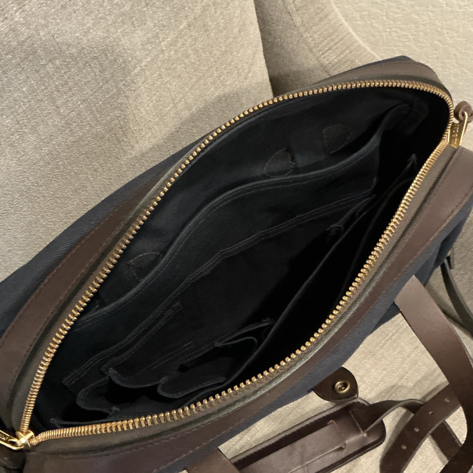 Filson Blue/Brown Briefcase Document Case, Brass Hardware, Adjustable Strap