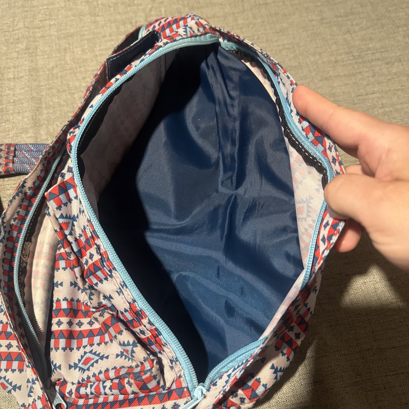 KAVU Sling Backpack Tribal Print Cotton Rope Strap Blue Red White