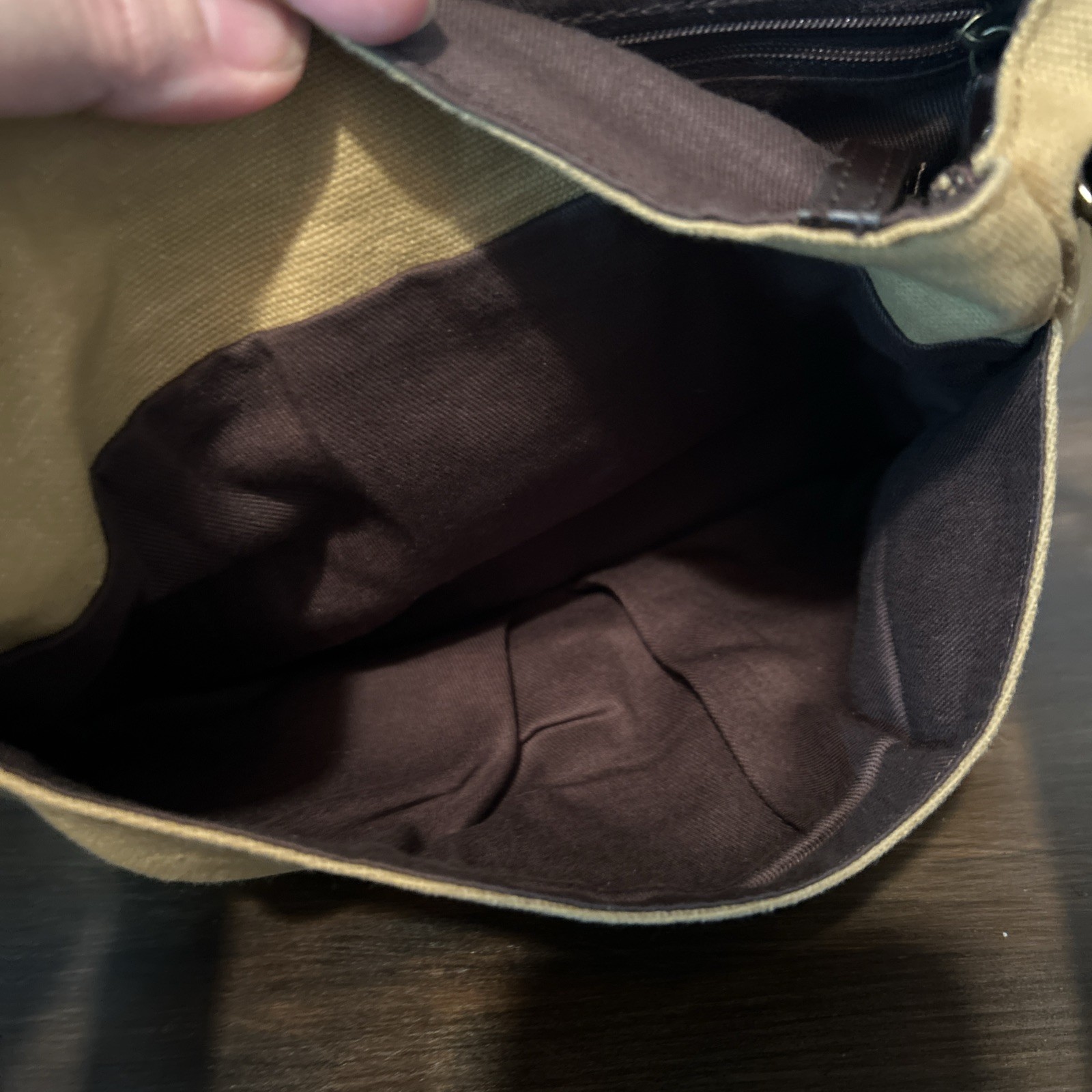 DULUTH TRADING Co Messenger Bag Brown Tan Canvas Leather Trim Satchel Purse